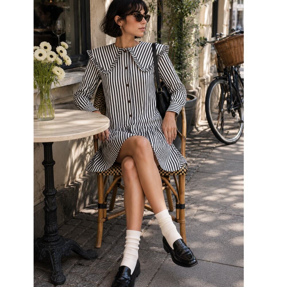 Ganni Organic Cotton Stripe Mini Shirt Dress Sailor Collar 38/US 6 Black White - Picture 5 of 15